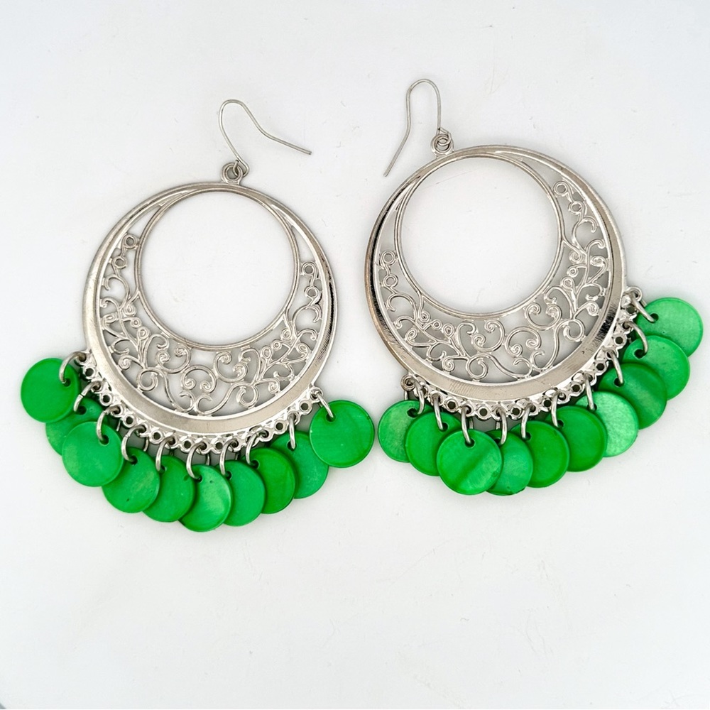 Green Mother of Pearl Silver-Toned Boho Filigree Chandelier Statement Earrings